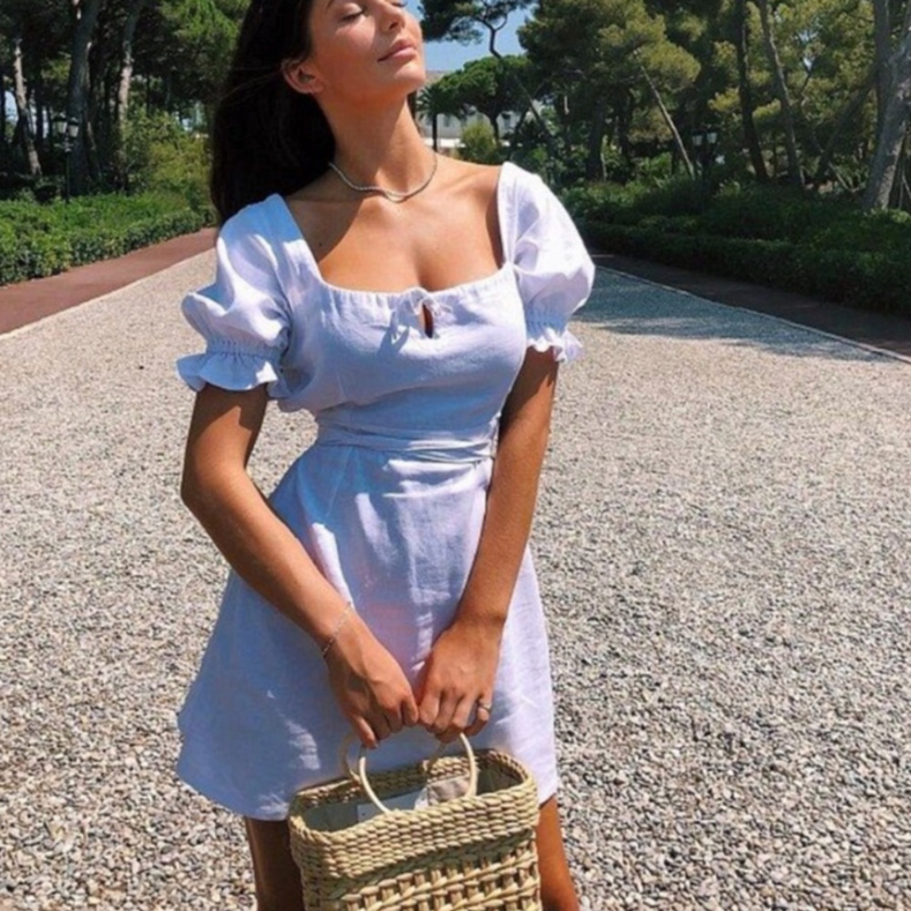 With Jean Juliette Puff Short Sleeve Tie Front Mini Dress White Women's Medium
